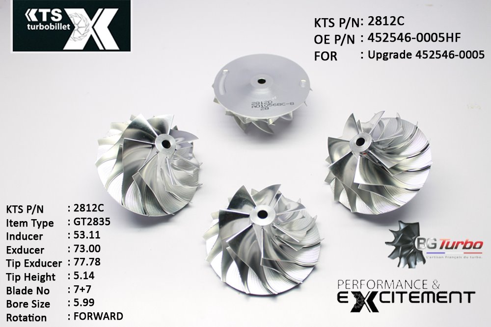 Turbo ROUE FORGÉE MFS PERFORMANCE - 7+7 PALES - INDUCER : 53,11 - EXDUCER : 73 - TYPE : GT2835ANGLE : 60° - ROTATION : Forward - SUPER BACK : 2,32 - BORE SIZE : 5,99
